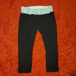 Black and blue flower print waistband capri leggings womens size small